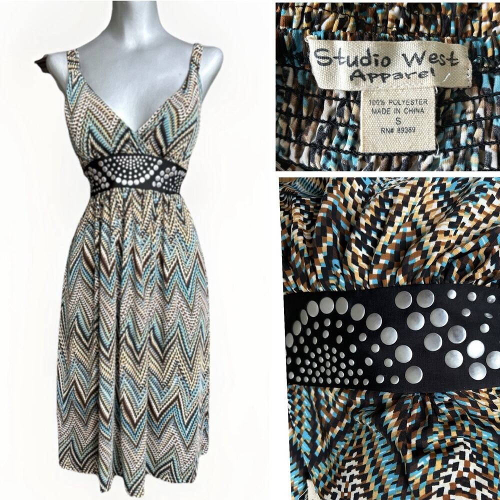 Y2K Chevron Print Dress Womens Small Empire Waist Teal Brown Summer